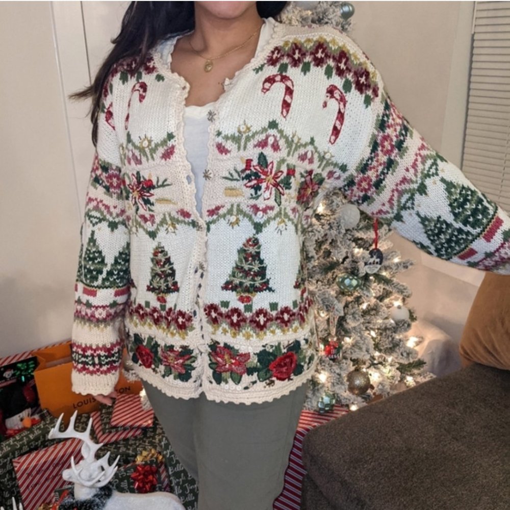 VINTAGE UGLY CUTE KNIT CHRISTMAS TREE CANDY CANE CARDIGAN SWEATER